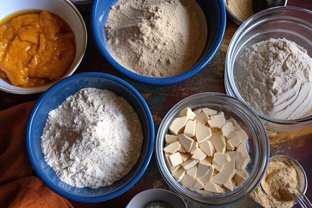 Photo ingrédients de biscuits dans des bols prêts à être mélangés créés avec de l'aï génératif