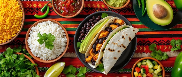 Ingrédients classiques du burrito sur un tissu mexicain festif