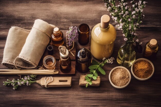 Photo ingrédients cosmétiques naturels et accès à la salle de bain ou au spa