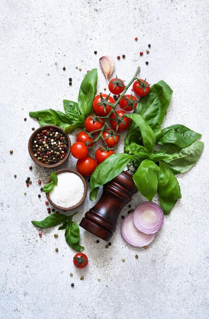 Ingrédients de cuisine alimentaire pour la cuissonÉpices avec des légumes sur fond de béton Copier l'espace pour le texte