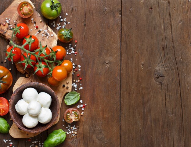 Ingrédients de cuisine italienne: mozzarella, tomates, basilic, huile d'olive et autres