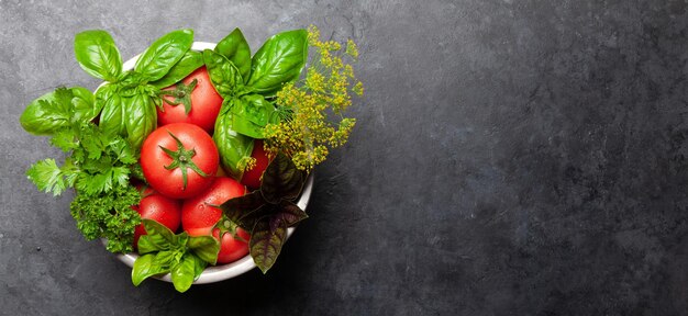 Photo ingrédients de la cuisine italienne tomates herbes et épices