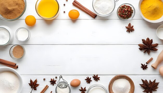 Ingrédients de cuisson cuisson d'automne sucre de farine œufs et épices à la table en bois blanc