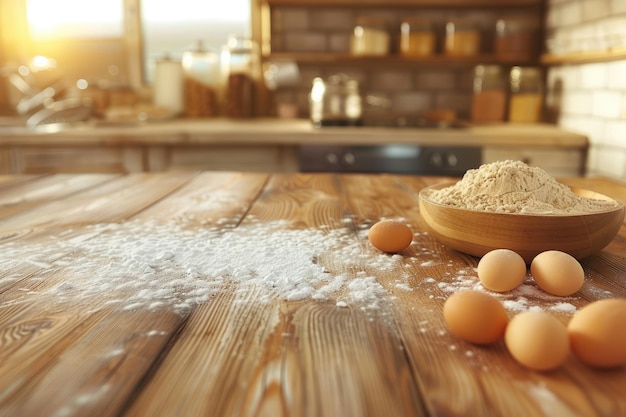 Ingrédients de cuisson sur fond de table de cuisine en bois