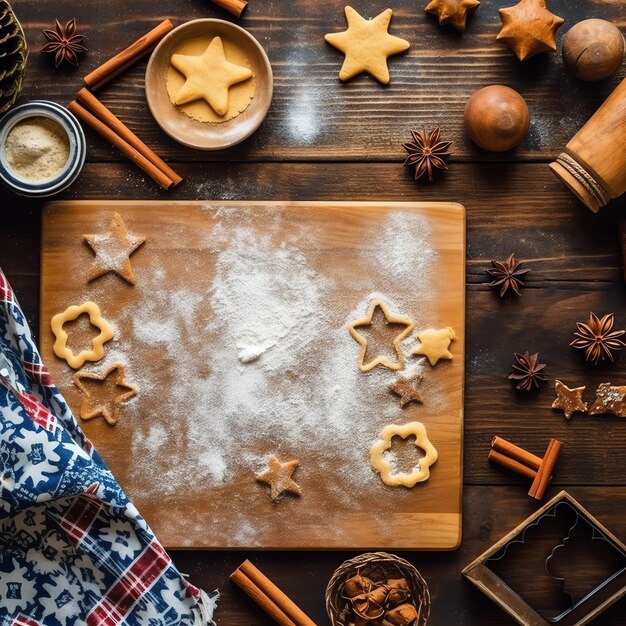 Des ingrédients de cuisson de Noël faits maison ou des biscuits au pain d'épice placés sur la table