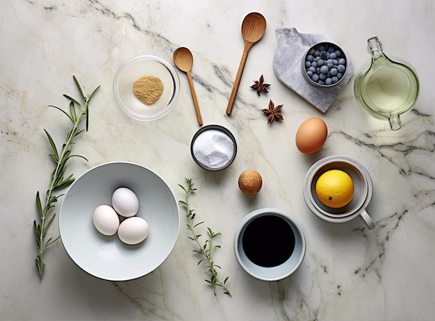 Ingrédients culinaires de cuisson Mousse à œufs et textile de cuisine sur fond de béton gris vif