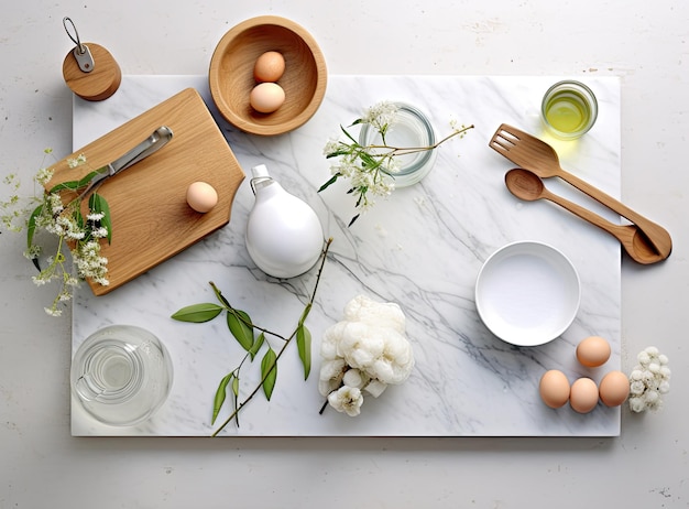 Ingrédients culinaires de cuisson Mousse à œufs et textile de cuisine sur fond de béton gris vif