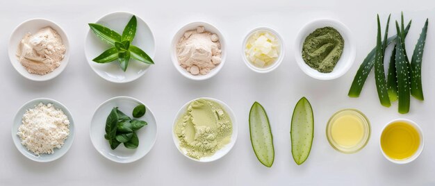 Ingrédients du masque de soins capillaires et faciaux de beauté naturelle à l'aloe vera affichés sur le dos blanc