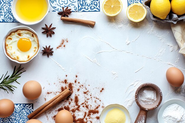 Ingrédients du pastel de nata portugais sur les carreaux d'Azulejo