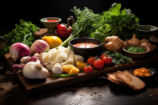 Ingrédients frais pour la soupe disposés sur une planche