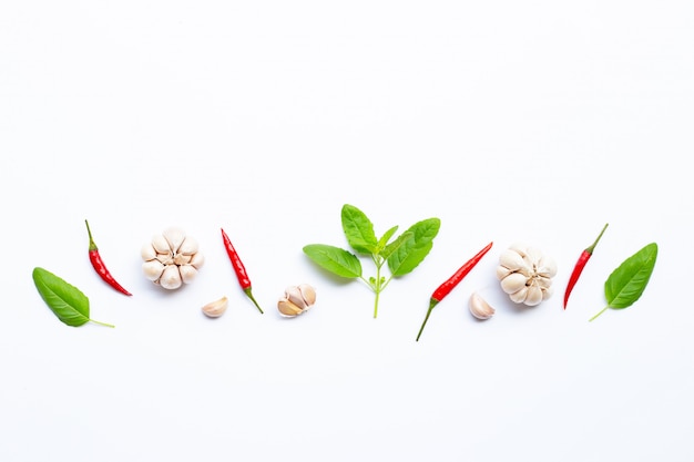 Ingrédients herbes et épices, basilic sacré, chili et ail sur blanc.