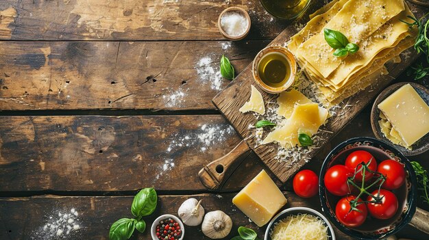 Les ingrédients de la lasagne à la bolognaise sur un comptoir en bois