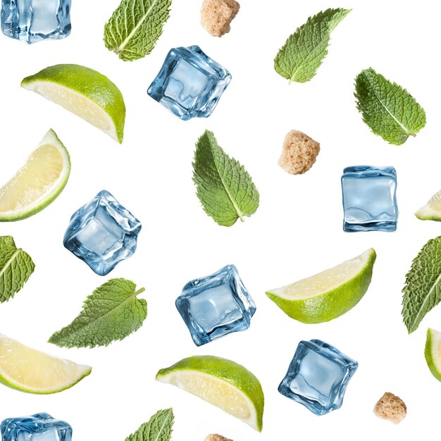 Ingrédients De Mojito Modèle Sans Couture Isolés Sur Une Surface Blanche