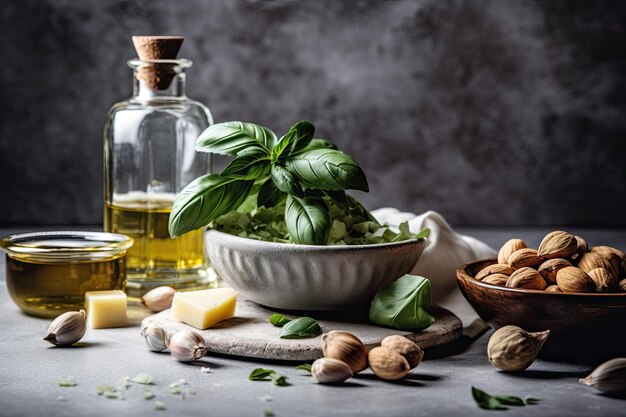 Ingrédients de pesto sur fond de cuisine sombre cadre alimentaire génératif ai