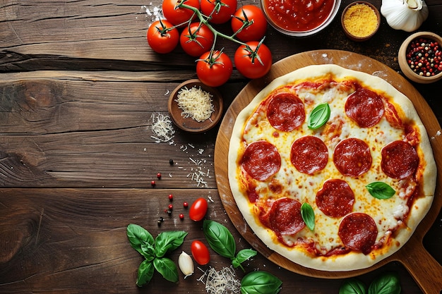 Ingrédients de la pizza au pepperoni sur une peau de pizza en bois