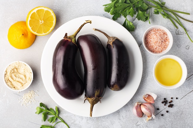 Photo ingrédients pour baba ghanoush babaganoush ou houmous d'aubergine sur le bol