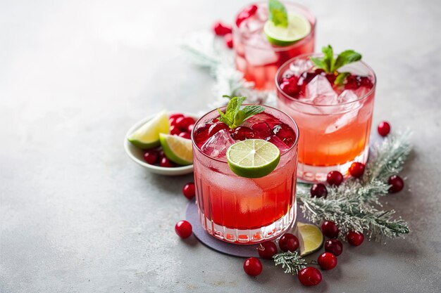 Photo ingrédients pour un cocktail d'hiver avec du citron et des canneberges