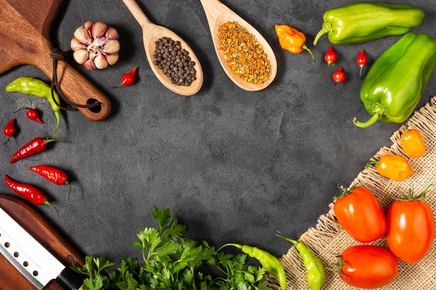 Ingrédients pour cuisiner avec des tomates, divers poivrons, ail et poivrons verts.