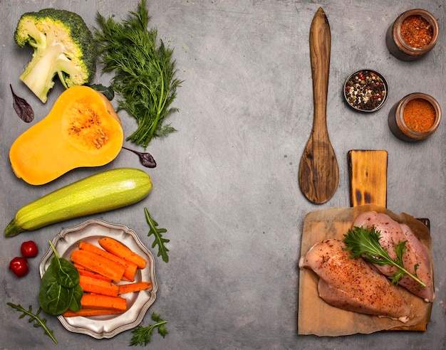 Ingrédients pour la cuisson Filet de poulet cru et légumes prêts à cuire Viande et légumes frais