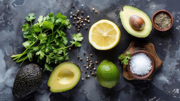 Photo ingrédients pour le guacamole fait maison avocado sel de citron et poivre vue de haut