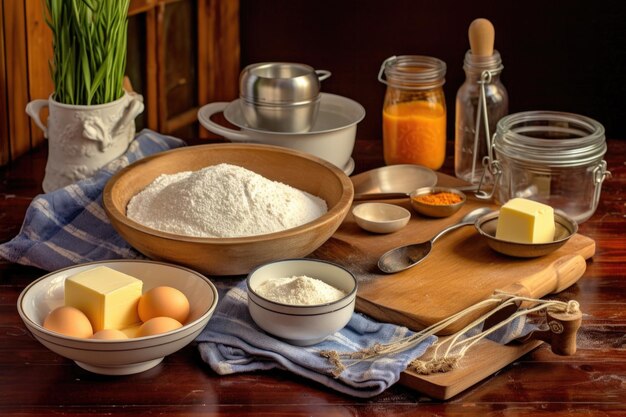 Ingrédients pour la pâte à biscuits sur une table en bois créée avec de l'ai génératif