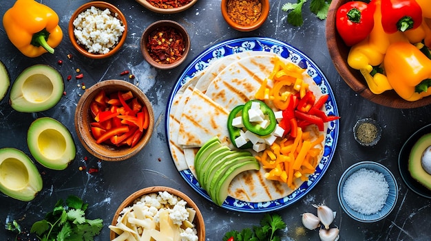 Ingrédients de la quesadilla mexicaine sur les carreaux de Talavera