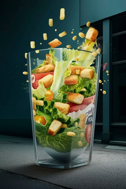 Ingrédients de salade en lévitation assemblés dans du verre sur un fond sombre AI générative