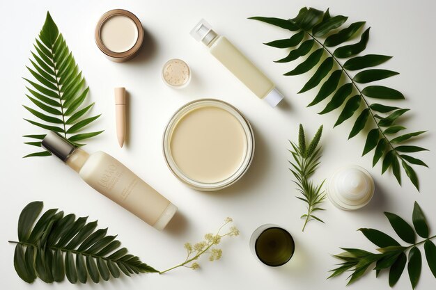 Photo ingrédients de soins de la peau et accessoires de beauté à plat