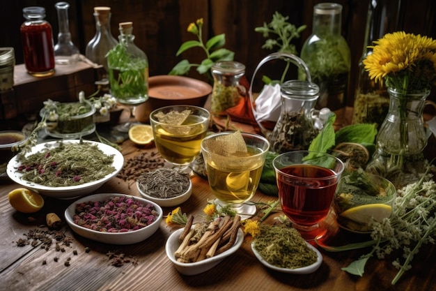 Ingrédients de tisane disposés sur une table en bois créée avec une IA générative