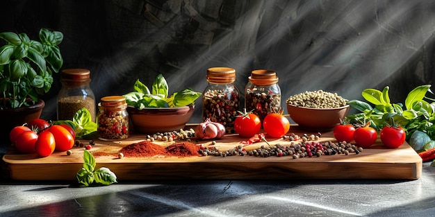Ingrédients traditionnels de la cuisine méditerranéenne sur un bois sombre