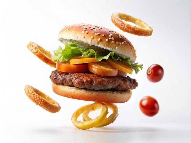 Ingrédients volants d'un cheeseburger classique pain de sésame anneaux d'oignon tranches de tomate