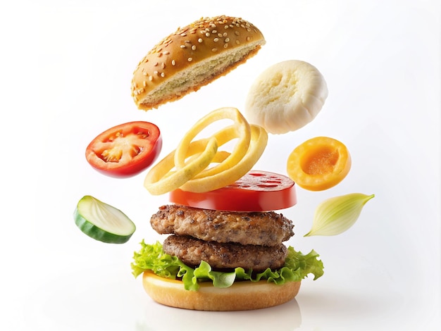 Ingrédients volants d'un cheeseburger, du pain de sésame, des anneaux d'oignon, des tranches de tomate sur un fond blanc