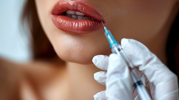 Injections de remplissage des lèvres près du menton de la femme