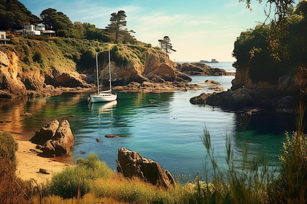 Photo inlet côtier serein avec des bateaux amarrés le long du rivage