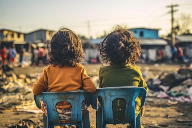 Innocence au milieu de la pauvreté Enfants assis dans une scène de difficultés