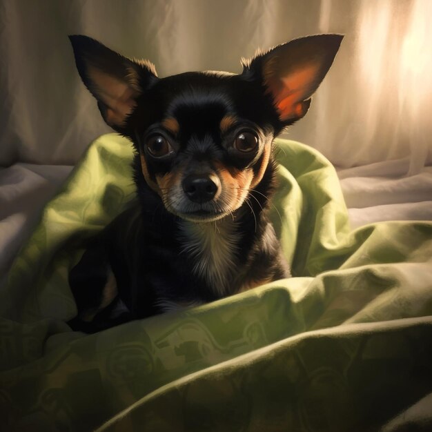 L'innocence déchaînée Chihuahua noir hyperréaliste aux grands yeux gracieusement au repos