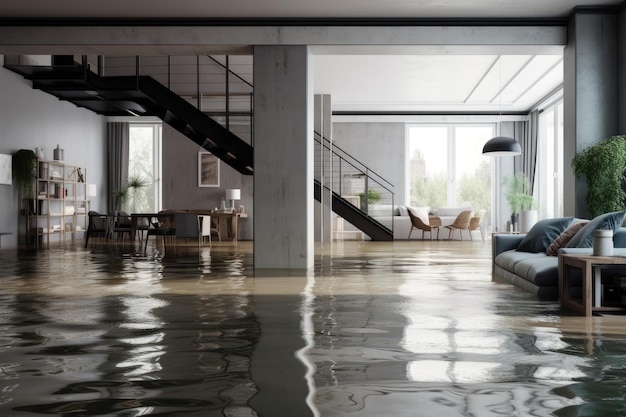 Inondation dans le cas d'assurance intérieure de la maison Inondation Dans le cas de l'assurance intérieur de la maison Arrière-plan d'inondation avec espace de copie généré par l'IA