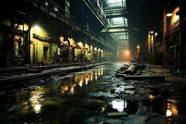 Photo inondation de l'intérieur d'une usine abandonnée