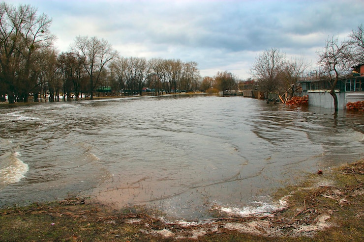 Photo inondation de la rivière au printemps en ville lors de la fonte des neiges inondations de la ville inondations entre maisons privées inondations de la rivière au printemps catastrophe naturelle grande eau en ville