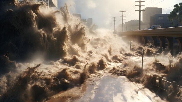 Photo inondation soudaine inondant les routes de la ville l'eau se précipite à travers les canyons urbains avec un élan puissant