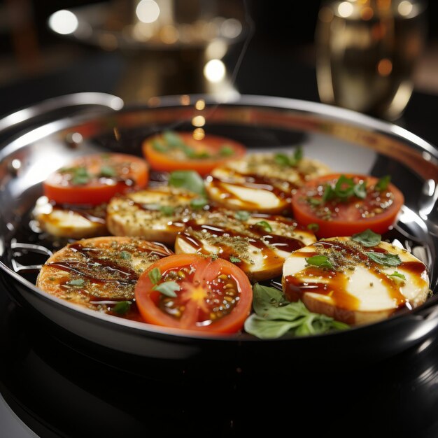 Photo insalate caprese salade de mozzarella de tomate et de basilic arrosée d'huile d'olive pour commencer