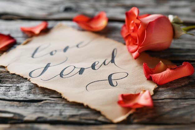 Photo inscription d'amour en papier avec des pétales de rose sur la table