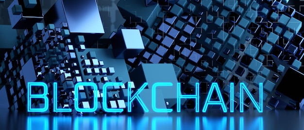 Inscription Blockchain sur le fond des blocs abstraits Concept de technologie Blockchain Inscription Blockchain sur un arrière-plan technologique rendu 3d