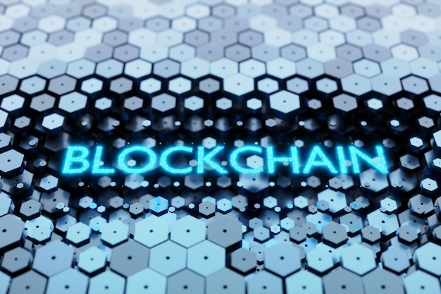 Inscription Blockchain sur le fond des hexagones Rendu 3D du concept de technologie Blockchain