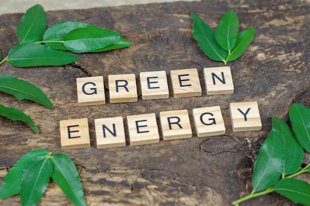 Inscription de l'énergie verte sur des cubes en bois mise au point sélective Le concept de conservation de l'environnement Mots de l'énergie verte sur le vieux fond en bois avec des feuilles vertes