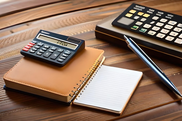 Inscription de livre scolaire, de calculateur, de bloc-notes et d'autres articles de papeterie sur une table en bois brun