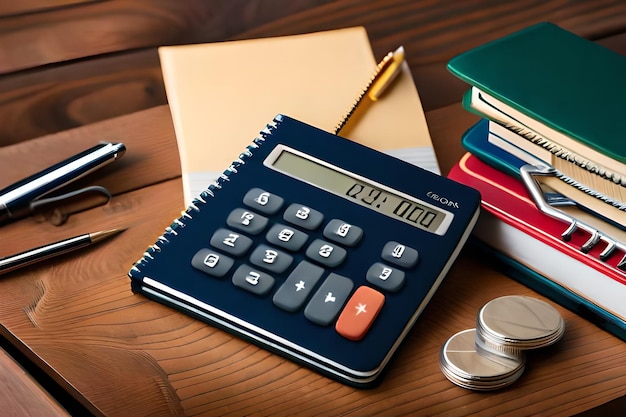 Inscription de livre scolaire, de calculateur, de bloc-notes et d'autres articles de papeterie sur une table en bois brun