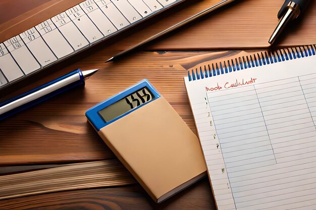 Photo inscription de livre scolaire, de calculateur, de bloc-notes et d'autres articles de papeterie sur une table en bois brun