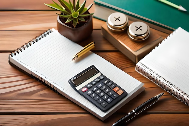 Inscription de livre scolaire, de calculateur, de bloc-notes et d'autres articles de papeterie sur une table en bois brun