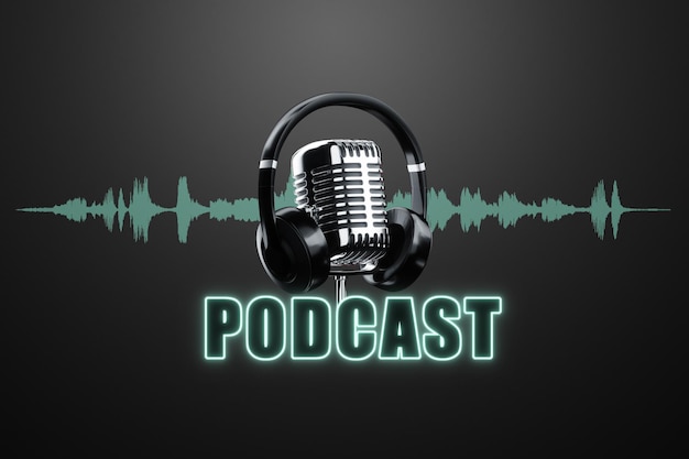 Inscription de podcast écouteurs sans fil et microphone dans un design rétro sur un fond sombre Concept pour podcast interview radio écouter des podcasts rendu 3D illustration numérique 3D